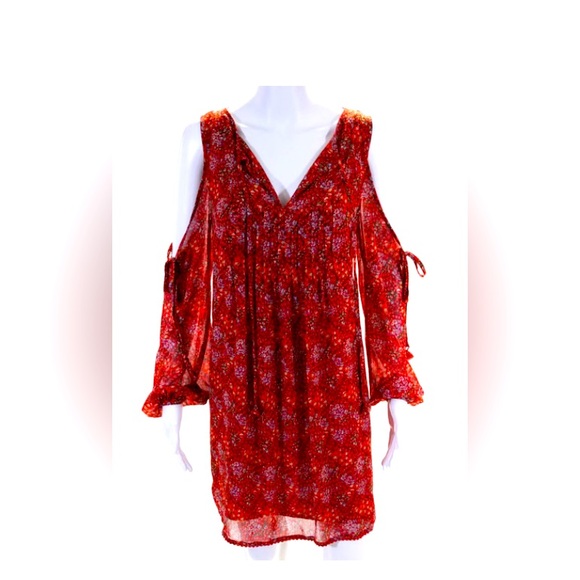 Rebecca Minkoff Womens Long Sleeve Cold Shoulder Floral Dress Red - Picture 1 of 11
